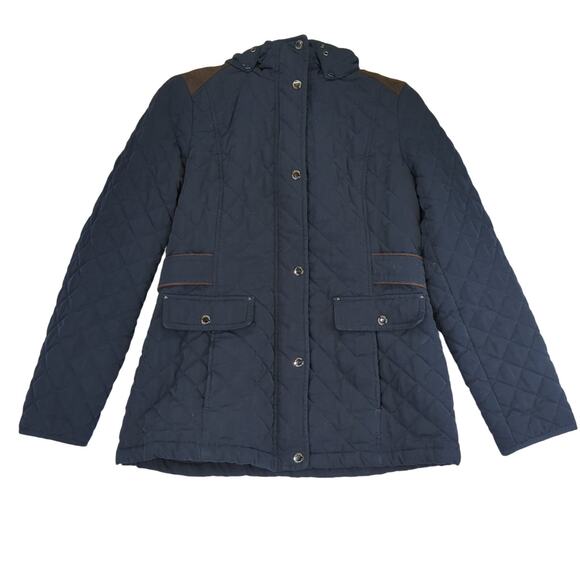 Laundry Shellie Segal Navy Blue Quilted Jacket Women Medium Faux Fur Hood Casual - Picture 1 of 9